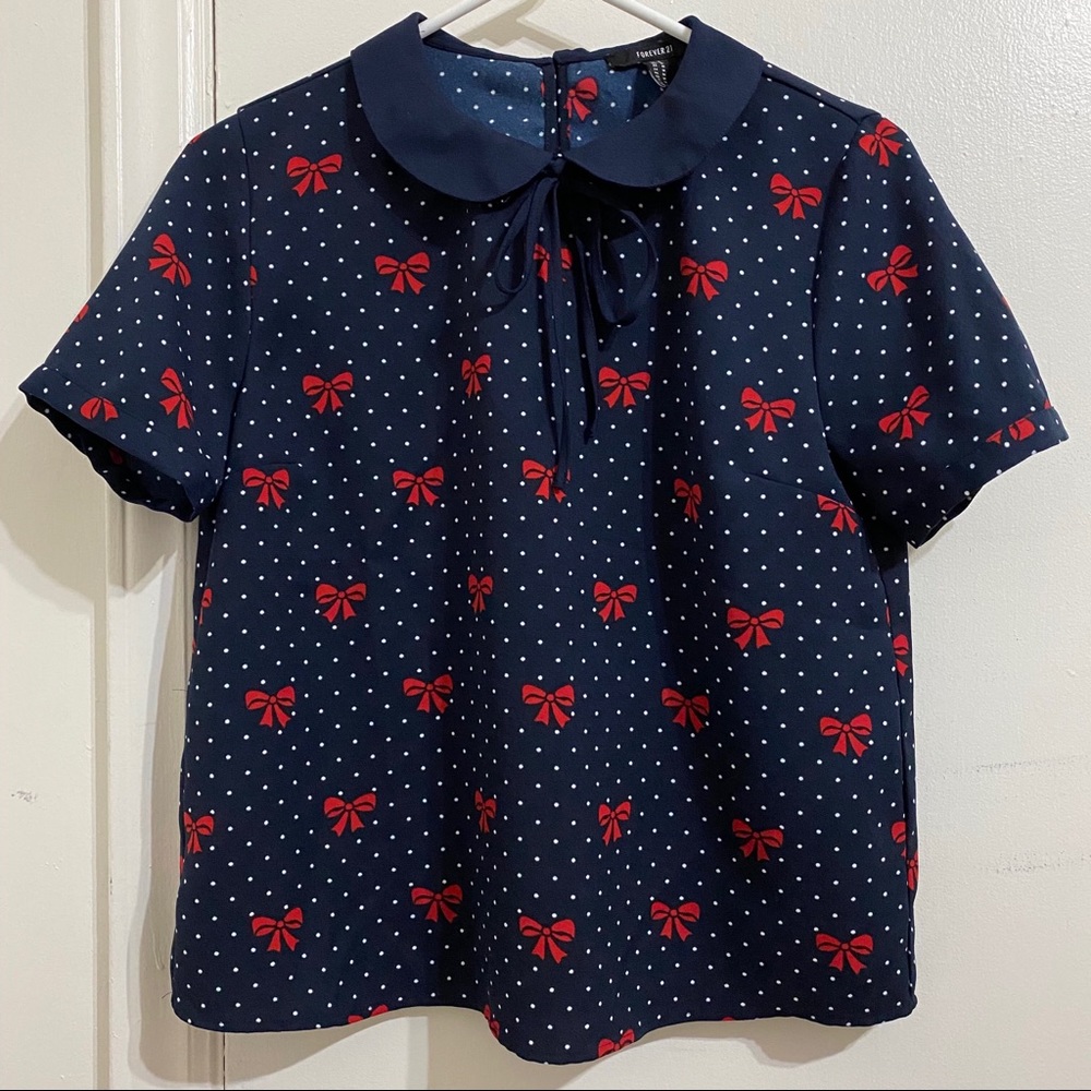 F21 Navy Red Bow Peter Pan Collar Cropped Blouse
